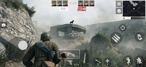 A soldier crouching on a grey hillside before a concrete bunker