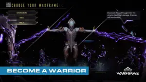The Warframe selection screen with Volt posed in lightning — Become a Warrior