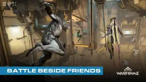 A Warframe leaping through a Grineer ship corridor beside squadmates — Battle Beside Friends