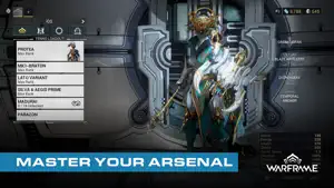 The arsenal screen with a gold Prime Warframe and a loadout list — Master Your Arsenal