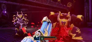 Close-range bolter fire against a yellow-armoured Chaos warrior