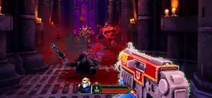 A bloody gothic hall with the bolter raised and a daemon ahead