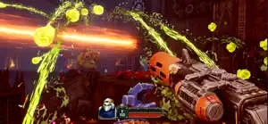 A heavy weapon spraying green-yellow bursts across a dark corridor