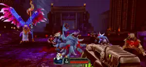 Pink and blue daemons advancing in a purple Chaos arena