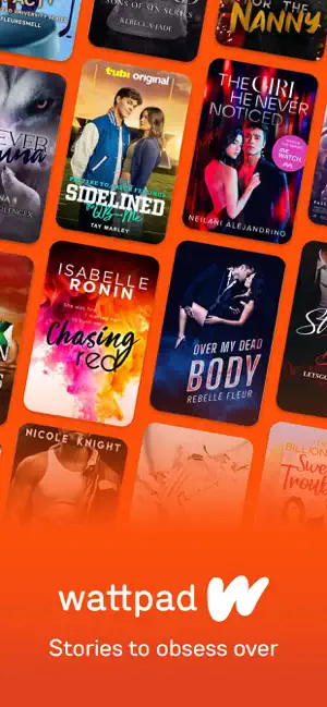 Orange collage of story covers, including Chasing Red and Over My Dead Body, above the wattpad wordmark