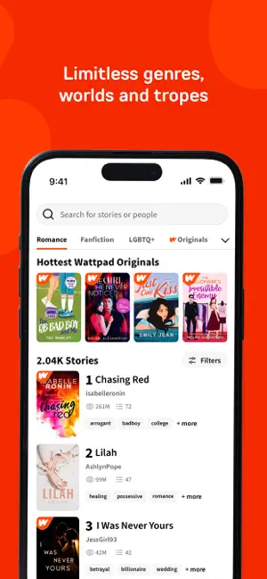 Romance tab with a Hottest Wattpad Originals row and Chasing Red ranked first with 261M reads