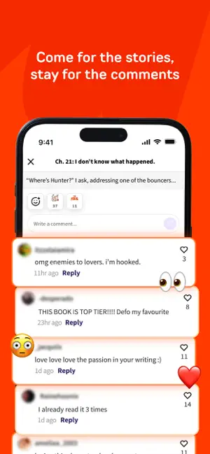 Comment thread under chapter 21 of a story, with replies and like counts beside each comment