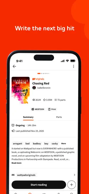 Chasing Red story page labelled Wattpad Originals, with 261M reads, 3.95M votes and 73 parts
