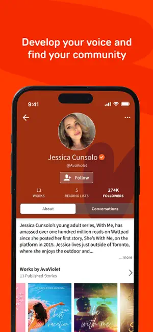 Writer profile of Jessica Cunsolo showing 13 works, 274K followers and a Follow button