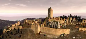 A ruined hilltop castle above pine forest at sunset