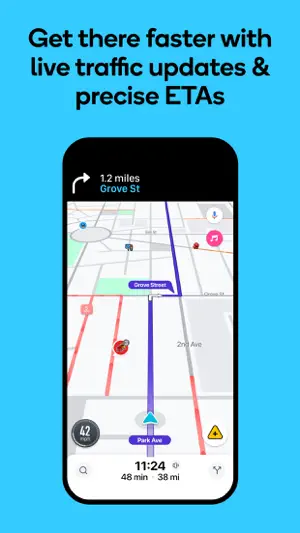 Navigation view with a route, live traffic colours and an ETA of 48 minutes