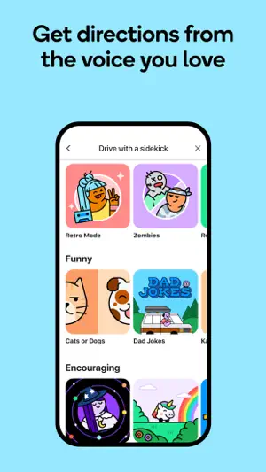 Voice pack picker offering retro, zombie and dad joke sidekicks
