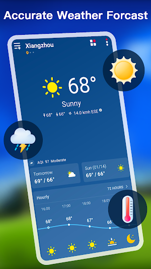 Main forecast screen for Xiangzhou showing 68° and sunny, an AQI of 97 Moderate and an hourly temperature strip