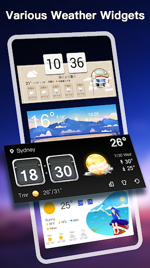 Four home-screen widget styles, including flip-clock widgets reading 10:36 and 18:30 for Sydney