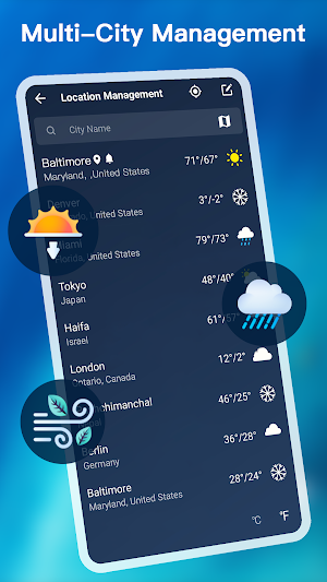 Location Management list with Baltimore, Denver, Miami, Tokyo, Haifa and Berlin plus a °C/°F toggle