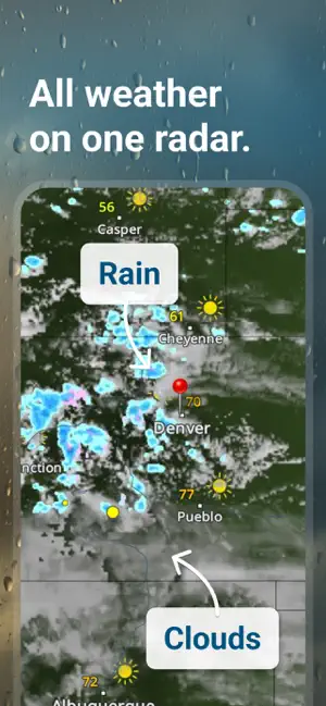 WeatherRadar map over Colorado with rain cells and cloud cover labeled near Denver, plus temperatures for Cheyenne and Pueblo