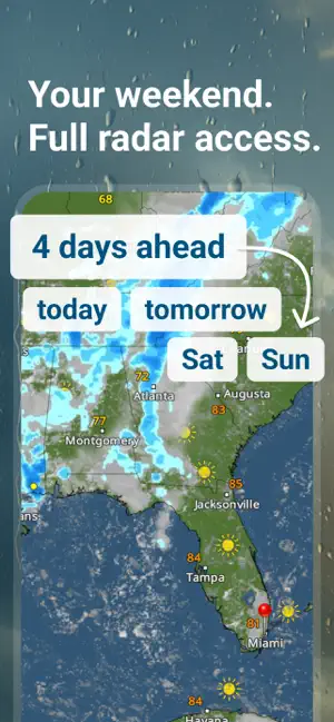Radar map of the U.S. Southeast with a four-days-ahead timeline for today, tomorrow, Saturday and Sunday