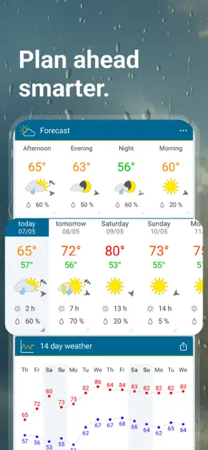 Forecast screen with afternoon-to-morning temperatures, a daily strip and a 14-day high and low temperature chart