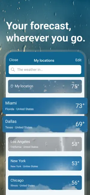 My locations list with the current location at 75° and saved cities Miami, Dallas, Los Angeles, New York and Chicago