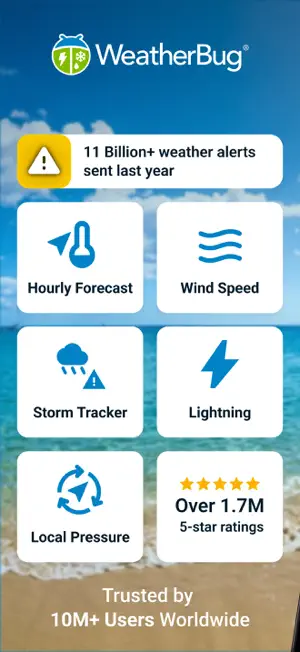WeatherBug promo screen claiming 11 billion+ weather alerts sent last year, with tiles for Hourly Forecast, Wind Speed, Storm Tracker, Lightning and Local Pressure