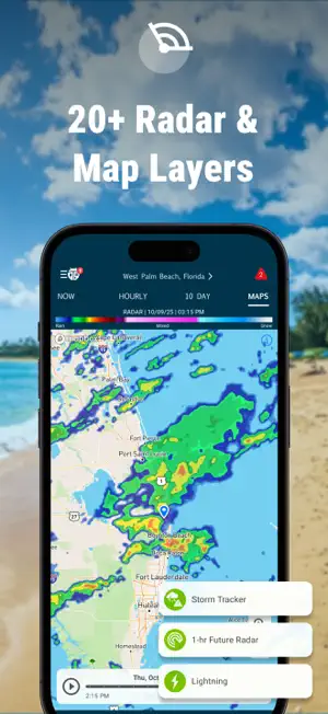 Maps tab radar over West Palm Beach, Florida with storm cells and buttons for Storm Tracker, 1-hr Future Radar and Lightning