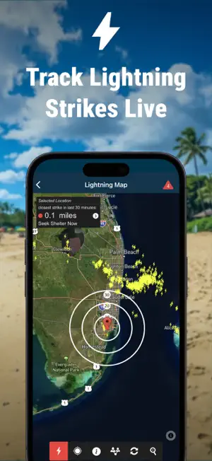 Spark Lightning Map of South Florida with distance rings around a pin and the closest strike in the last 30 minutes at 0.1 miles