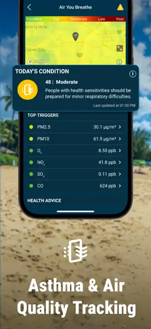 Air You Breathe screen rating air quality 48 Moderate, with PM2.5, PM10, ozone, NO2, SO2 and CO readings listed as top triggers
