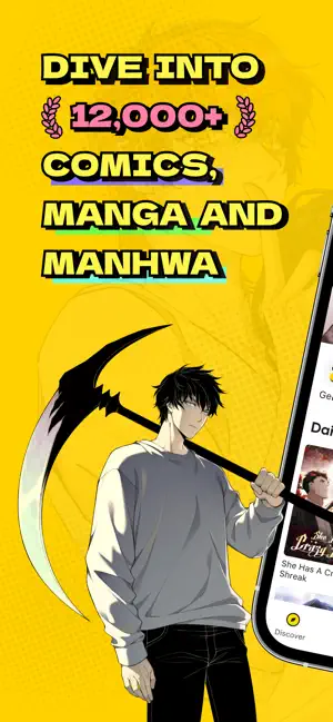 WebComics promo art of a dark-haired character holding a scythe beside a phone, with a 12,000+ comics, manga and manhwa claim