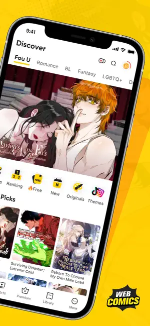 WebComics Discover screen with For U, Romance, BL and Fantasy tabs above Ranking, Free, New, Originals and Themes shortcuts