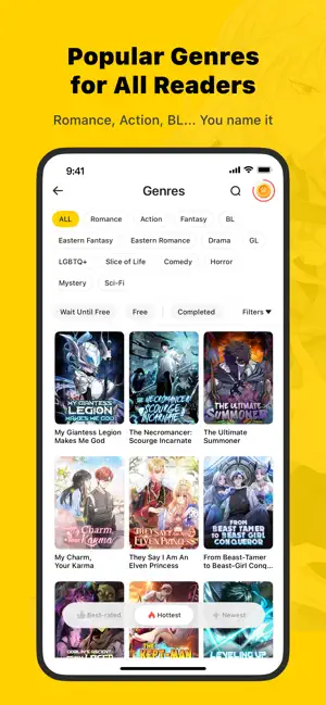 WebComics Genres screen with genre chips, Wait Until Free, Free and Completed filters, and a grid of action, fantasy and romance covers