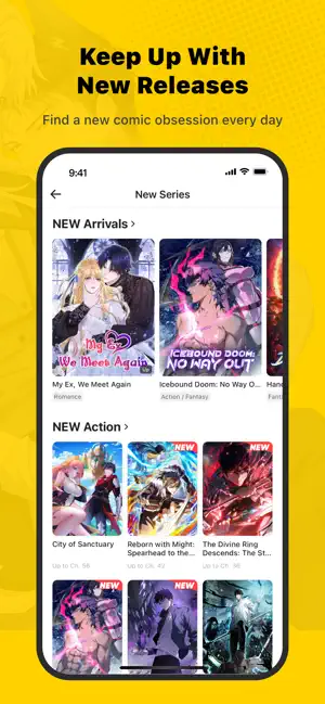 WebComics New Series screen with NEW Arrivals and NEW Action rows showing the latest chapter number under each cover
