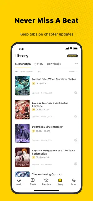 WebComics Library Subscription tab listing followed series with UP badges, chapter progress and update dates beside History and Downloads