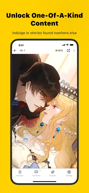 Chapter 1 of a full-color romance series in the WebComics reader, with Chapters, Comments, Progress and Settings buttons below