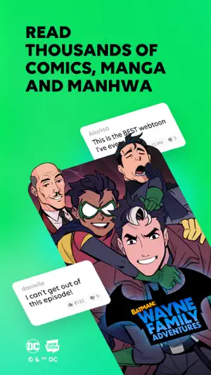 Green promo screen with the headline Read thousands of comics, manga and manhwa, Batman: Wayne Family Adventures art and two reader comment bubbles