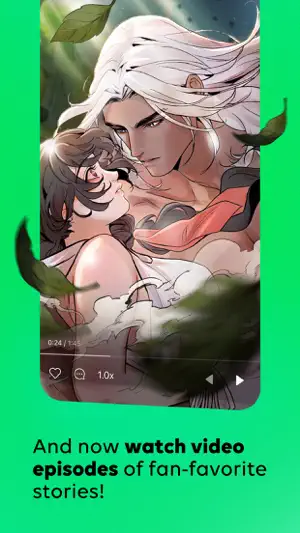 Video Episode player showing a romance webcomic scene at 0:24 of 1:45, with like, comment and 1.0x speed buttons