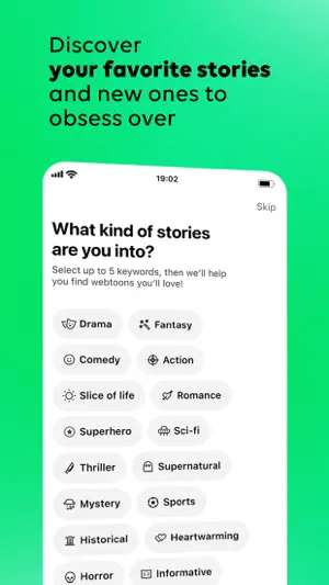Onboarding screen asking What kind of stories are you into, with keyword chips such as Drama, Fantasy, Comedy, Romance, Thriller and Horror