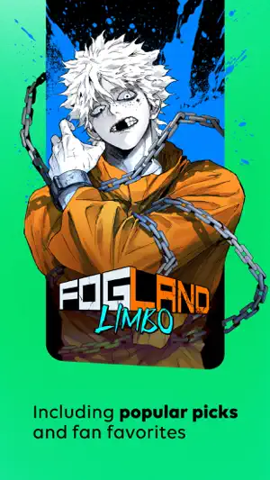 Promo art for the series Fogland Limbo: a white-haired character in an orange jumpsuit wrapped in chains