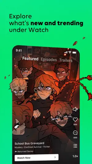 Watch tab with Featured, Episodes and Trailers tabs, playing School Bus Graveyard with a Watch Now button