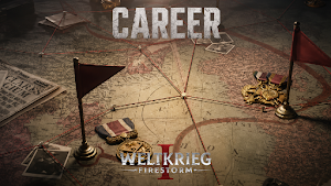 Career mode intro over a tabletop war map with red flags and a spinning propeller