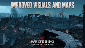 Improved Visuals and Maps banner over a ruined village of craters and broken trees