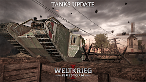 Tanks Update: a British rhomboid tank on a torn battlefield under a grey sky