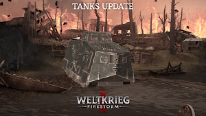 Tanks Update: a boxy German tank beside a burning village at dusk
