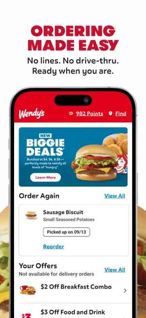 Home screen with a 982-point balance, a Biggie Deals banner for $4, $6 and $8 bundles, an Order Again card and Your Offers marked not available for delivery orders