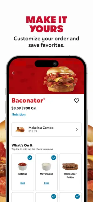 Baconator page priced $8.39 at 900 calories, a Make it a Combo option at $13.39 and tap-to-remove topping tiles for ketchup, mayonnaise and patties