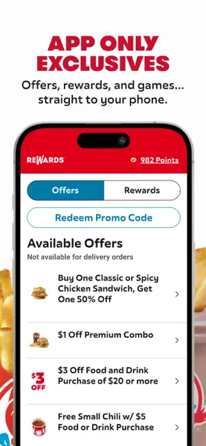 Offers tab with a Redeem Promo Code button and offers for $1 off a Premium Combo, $3 off $20 and a free small chili with a $5 purchase