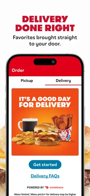Delivery tab with a Good Day for Delivery banner, a Get started button, Delivery FAQs and a Powered by DoorDash note that delivery pricing may be higher