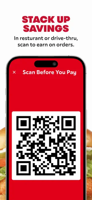 Scan Before You Pay screen showing the member QR code that earns points at the counter or drive-thru