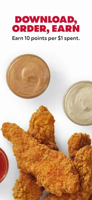 Promotional frame of crispy chicken tenders with three dipping sauces under the line Earn 10 points per $1 spent