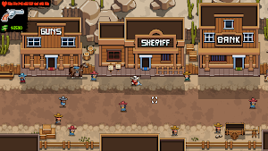 A pixel-art frontier main street with Guns, Sheriff and Bank storefronts and townsfolk