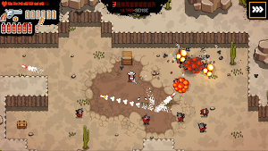 A canyon shootout with dynamite exploding among bandits and cactus